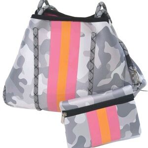 Stylish Camouflage Tote Bag with Pouch - Pink and Orange Accents